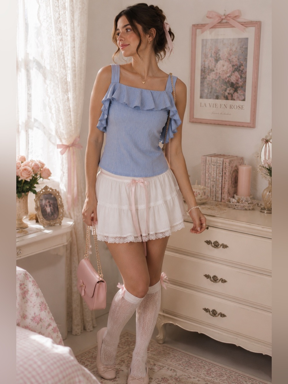 Maven West blue chambray ruffle top size small - Picture 9 of 9